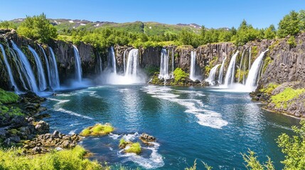 Fototapeta premium Iceland waterfalls cascading, summer, mountains, nature, travel, scenic, poster, tourism