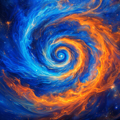 A vibrant and colorful spiral galaxy, with hues of blue, orange, and yellow swirling together against the backdrop of space.