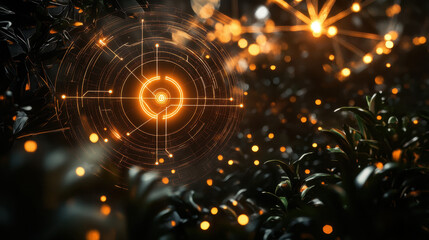 Obraz premium A vibrant display of glowing lights surrounds intricate digital patterns that illuminate a lush garden. The atmosphere is enchanting, creating a dreamlike environment at night.