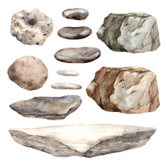 Natural stones made of granite and limestone, different colors and textures, stones for SPA massage. Watercolor set for book illustrations, branding of building materials stores, cosmetics design © ValentinaSova