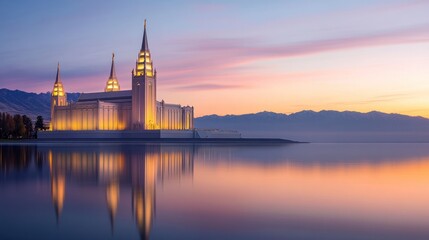 Fototapeta premium Serene Sunset Reflection: Idaho Falls Temple's Majestic Beauty