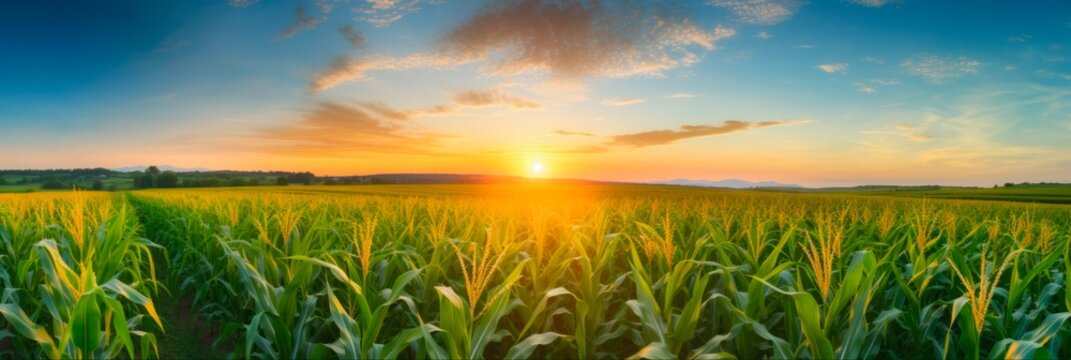 Golden Summer: Panoramic View of Corn Field at Sunset - A Stunning Landscape of Corn Field with Warm Tones and Beautiful Sunset Sky - Powered by Adobe