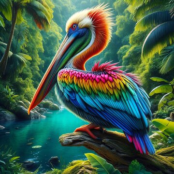 Colorful pelikan in jungle