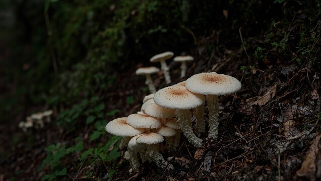Pale Marasmius rotula mushrooms on decayed matter in a mossy forest