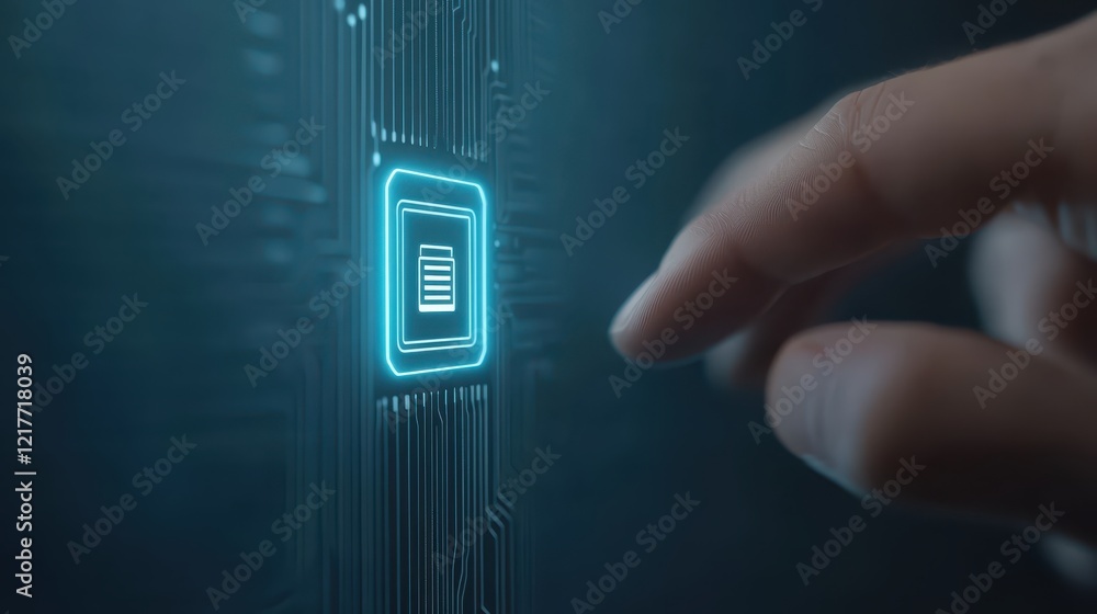 Poster hand interacting with a glowing battery icon on an advanced circuit interface