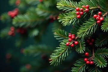 Fresh evergreen branches with red berries and pine needles, festive,