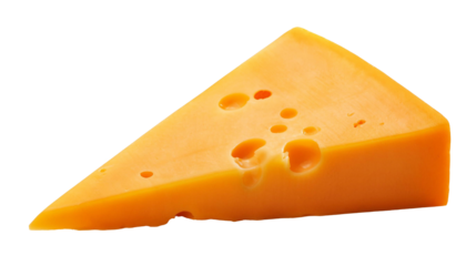 Triangular piece of orange cheese with holes on transparent background