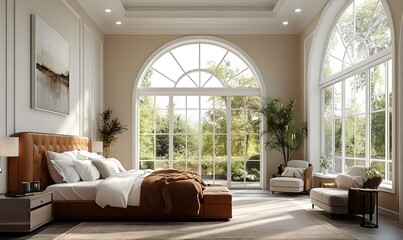 Fototapeta premium Luxurious Bedroom with Large Windows Overlooking a Lush Garden and Modern Furnishings