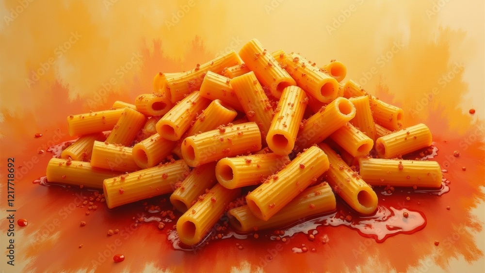 Poster the image is a close-up of a pile of penne pasta. the pasta is orange in color and appears to be fre