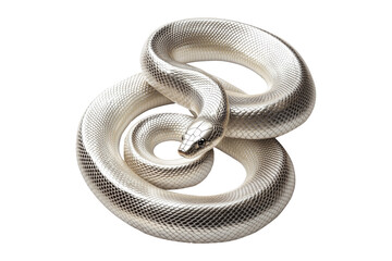 Coiled silver snake sculpture with detailed scales isolated on white transparent background, reptiles or wildlife, symbolizing Chinese Lunar New year