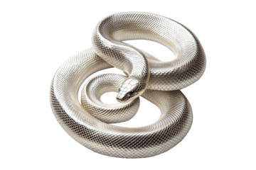 Coiled silver snake sculpture with detailed scales isolated on white transparent background, reptiles or wildlife, symbolizing Chinese Lunar New year