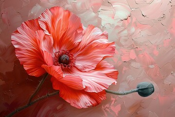 delicate flower of red color painted with oil paint. close up