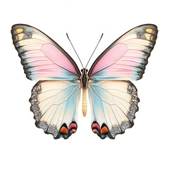 Fototapeta premium A vibrant butterfly displaying intricate patterns and soft pastel colors, showcasing its wings in a symmetrical open position, Transparent Background.