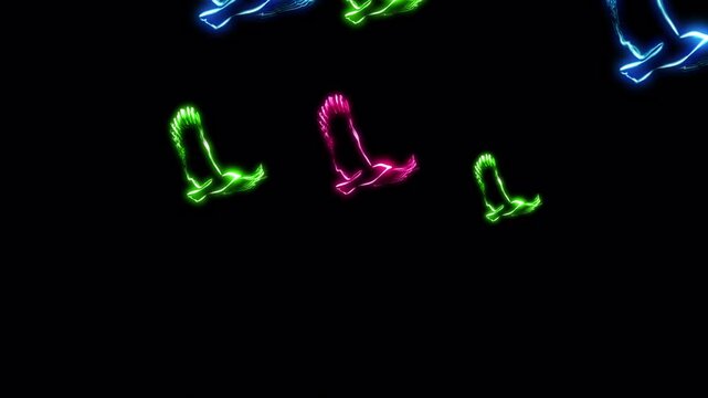 Colorful neon glowing birds flying on a transparent alpha channel. Scribble doole hand drawn animation.