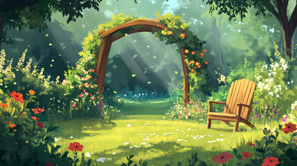 Charming garden with wooden arch, blooming flowers, and a peaceful chair, perfect for relaxation and nature appreciation. Shaded Glade. Illustration