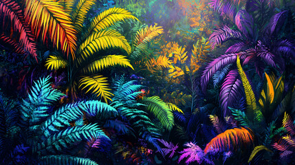 Dense foliage and vibrant colors in a shaded forest glade, ferns, whimsy. Shaded Glade. Illustration