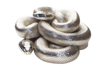 Coiled silver snake sculpture with detailed scales isolated on white transparent background, reptiles or wildlife, symbolizing Chinese Lunar New year
