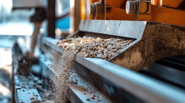 A closeup of raw materials being loaded into a production machine symbolizing the beginning of the manufacturing process and the local sourcing of materials that benefit the economy