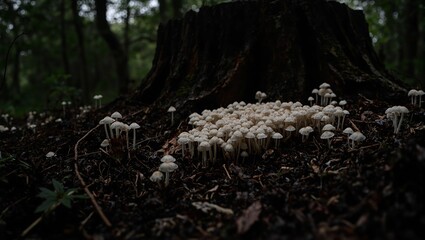 Obraz premium Glowing Mycena filopes mushrooms under tree stump in dark woodland grove