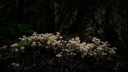 Glowing Mycena filopes mushrooms under tree stump in dark woodland grove