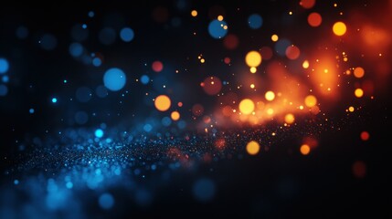 Blue and orange particles glow, dark background, abstract design, website banner