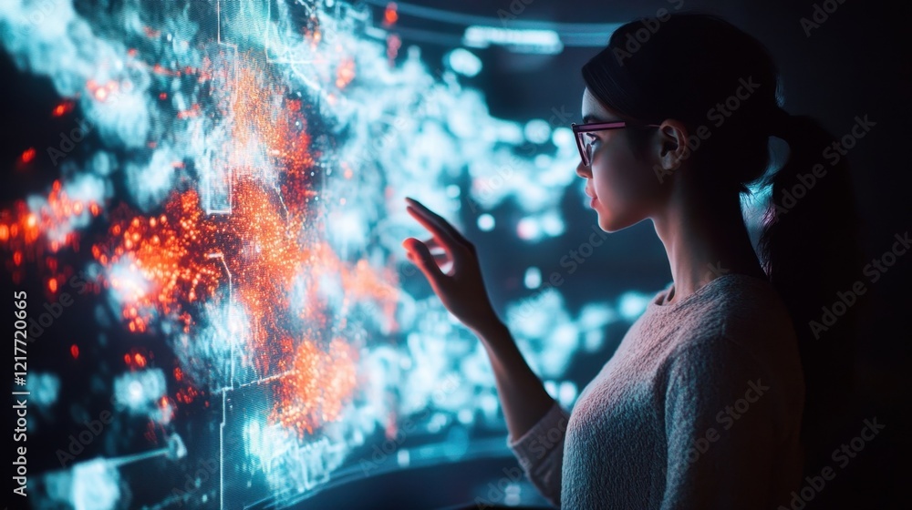 Poster scientist wearing glasses is interacting with a futuristic screen displaying data visualized as a ma