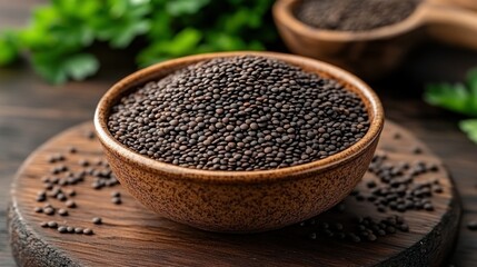 Black sesame seeds bowl, kitchen, herbs, cooking