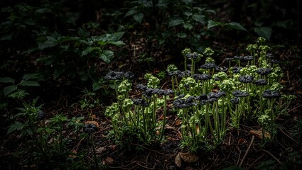 Vibrant Sarcoscypha coccinea mushrooms stand out in shadowy forest scene