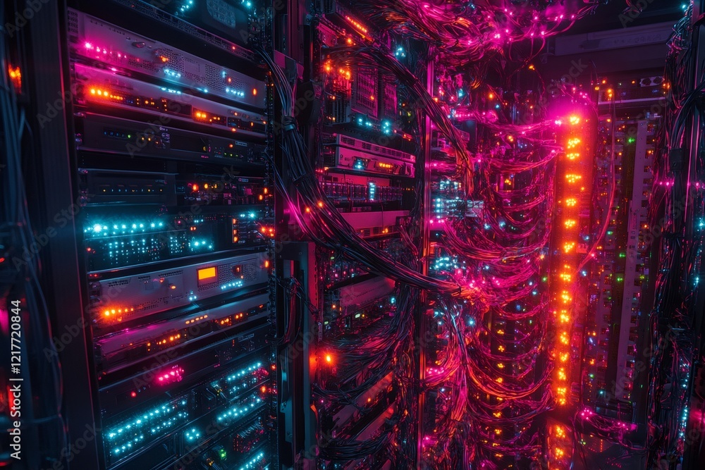 Aufkleber server racks with colorful cables and lights illuminating data center