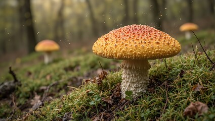 Fototapeta premium Vibrant Clitocybe nuda mushroom on forest floor with soft moss spores floating