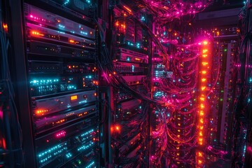 Fototapeta premium Server racks with colorful cables and lights illuminating data center