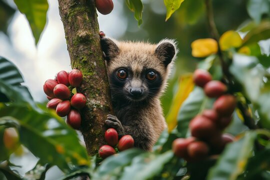 Common palm civet peeking from behind coffee plant branch