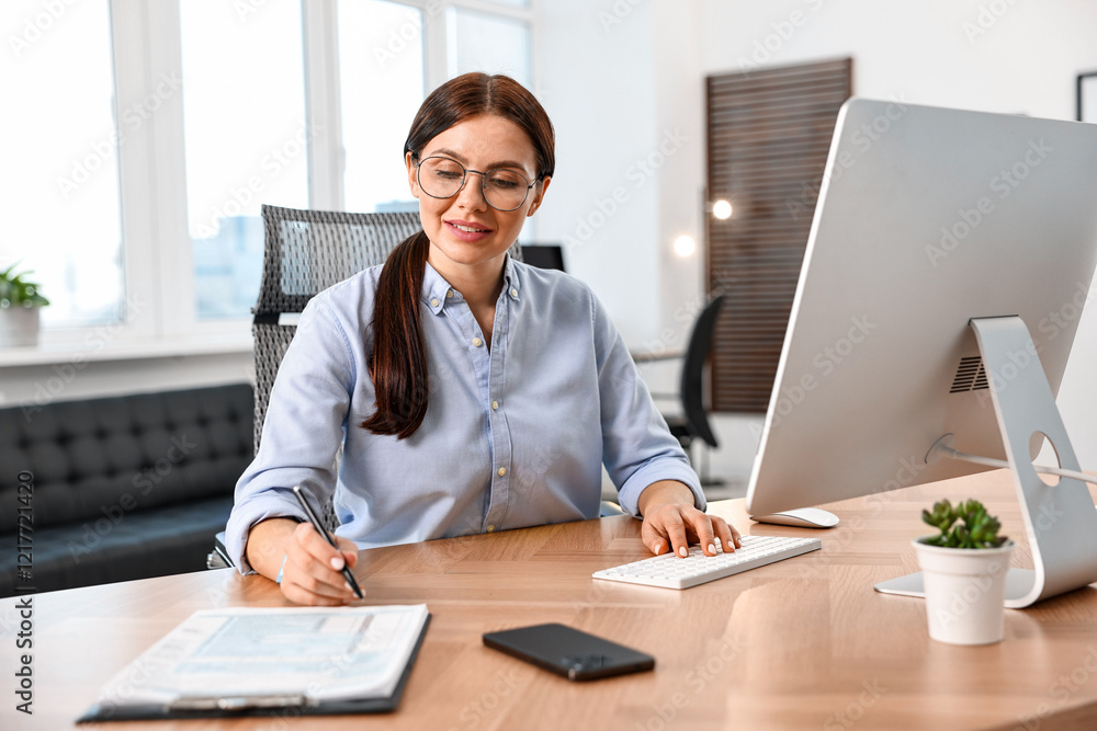 Poster woman taking notes while working on computer at table in office