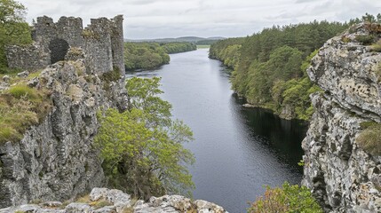 Fototapeta premium River valley view from castle ruins, Ireland
