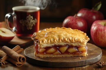 Slice of hot apple pie steaming on wooden table with tea and cinnamon sticks