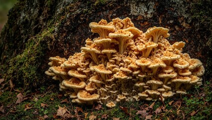 Fototapeta premium Enchanting cluster of golden brown mushrooms on oak stump moss fallen leaves softly glowing