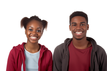 Group of smiling Black students on transparent background, embodying diversity, positivity, and collaboration in an academic or university setting, showcasing youthful energy and success. Png cut out.