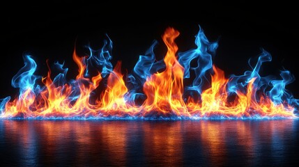 Blue orange flames reflect on dark surface
