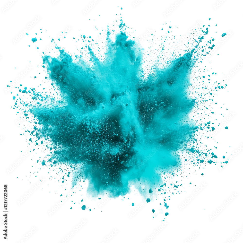 Poster cyan color powder explosion isolated on transparent background creating a vibrant cloud of fine part