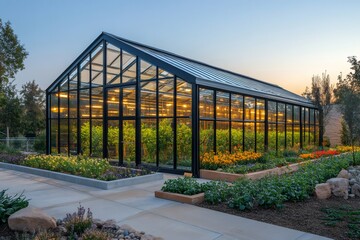 Obraz premium Large greenhouse illuminating plants at sunset in a botanical garden