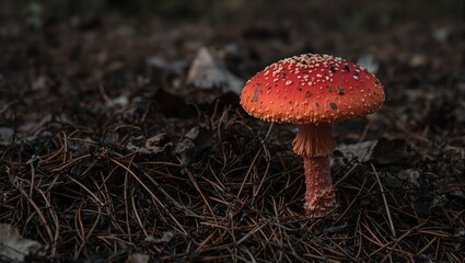 Vibrant red Tricholoma magnivelare mushroom in dark forest setting