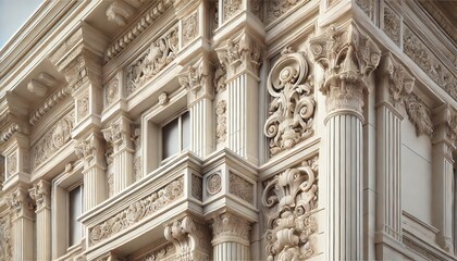 Obraz premium High-Resolution Classical Building Facade with Ornate Decorative Elements, Columns, and Intricate Plasterwork - Architectural 16:9 Stock Image