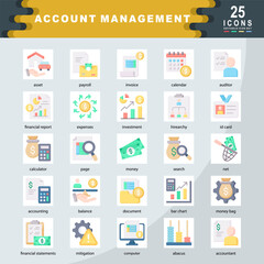 Account Management icon set containing asset, payroll, invoice, financial report, expenses, investment, hirearchy, id card, Management, money, mitigation icon. Simple flat vector