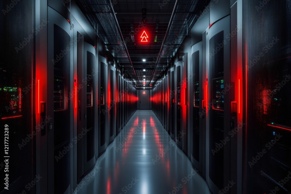 Aufkleber server room with red lights flashing, modern data center infrastructure
