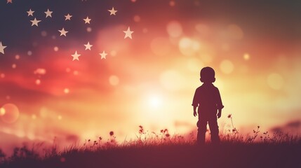 Fototapeta premium A young child stands quietly in a grassy field, watching a vibrant sunset mixed with USA flag.