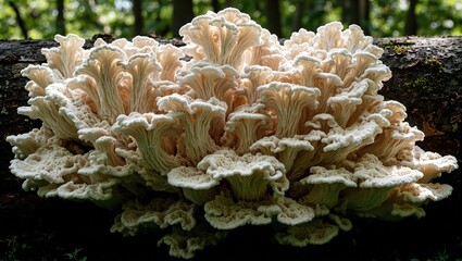 Clustered oyster mushrooms growing on tree trunk with sunlight rays