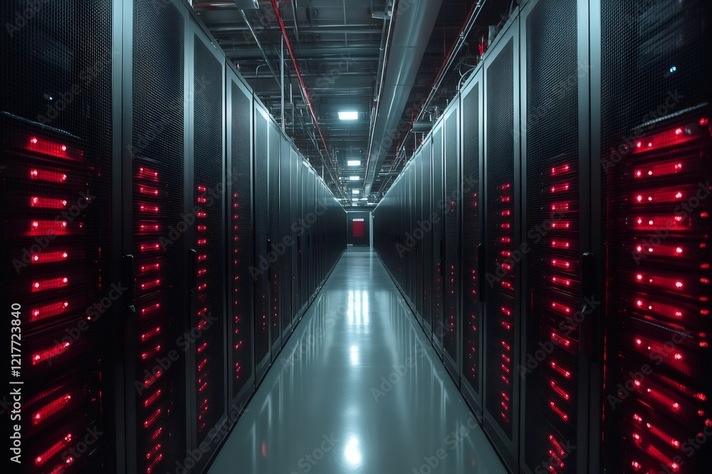 Aufkleber server racks emitting red light illuminating modern data center corridor