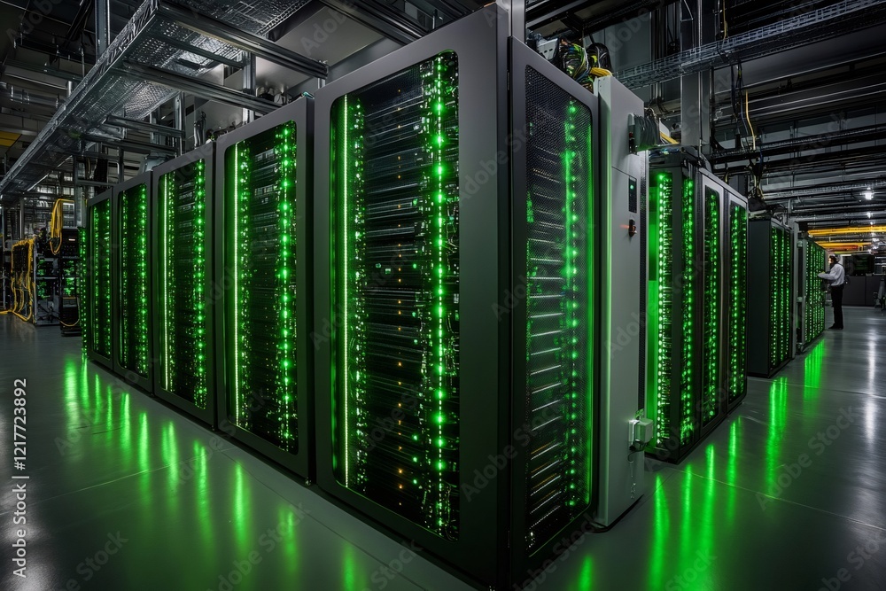 Leinwandbilder modern supercomputers with flashing green lights processing big data in server room