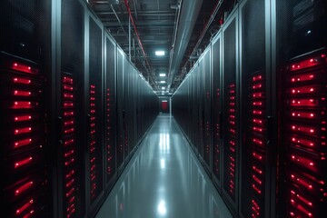 Obraz premium Server racks emitting red light illuminating modern data center corridor