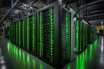 Modern supercomputers with flashing green lights processing big data in server room